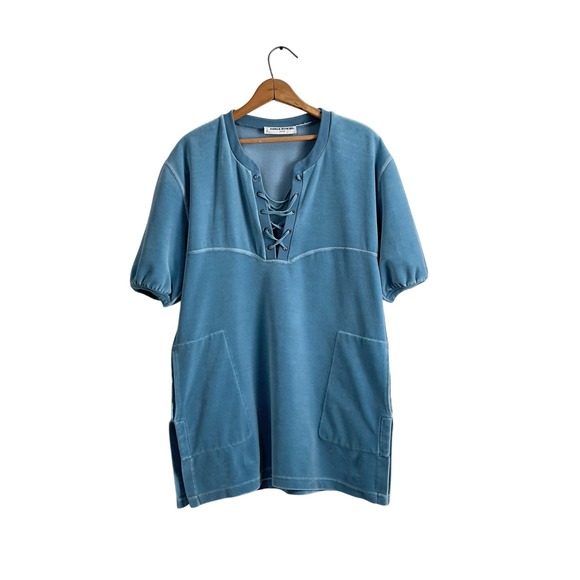 Vintage 90s Y2K Sonia Rykiel Paris Blue Velour Lace-Up Mini Tunic - L - Picture 1 of 6